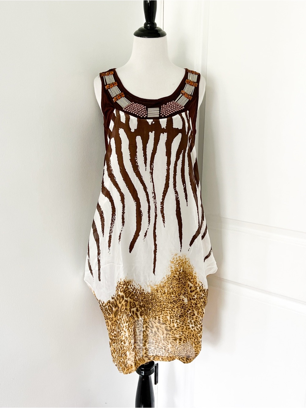 Vintage Brown & White Animal-Print Mini Dress with Beaded Neckline - Large